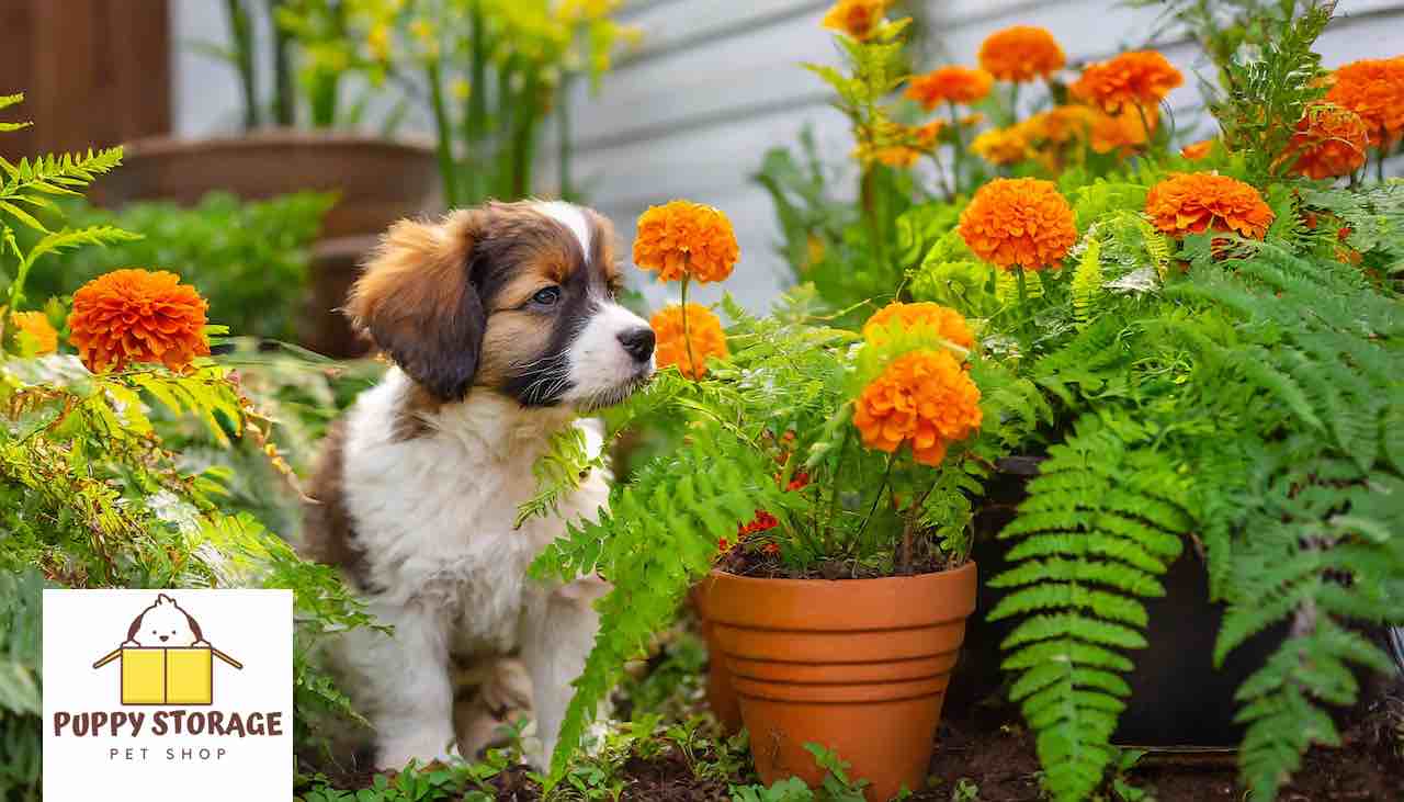 Puppy enjoying a garden of ferns and marigolds