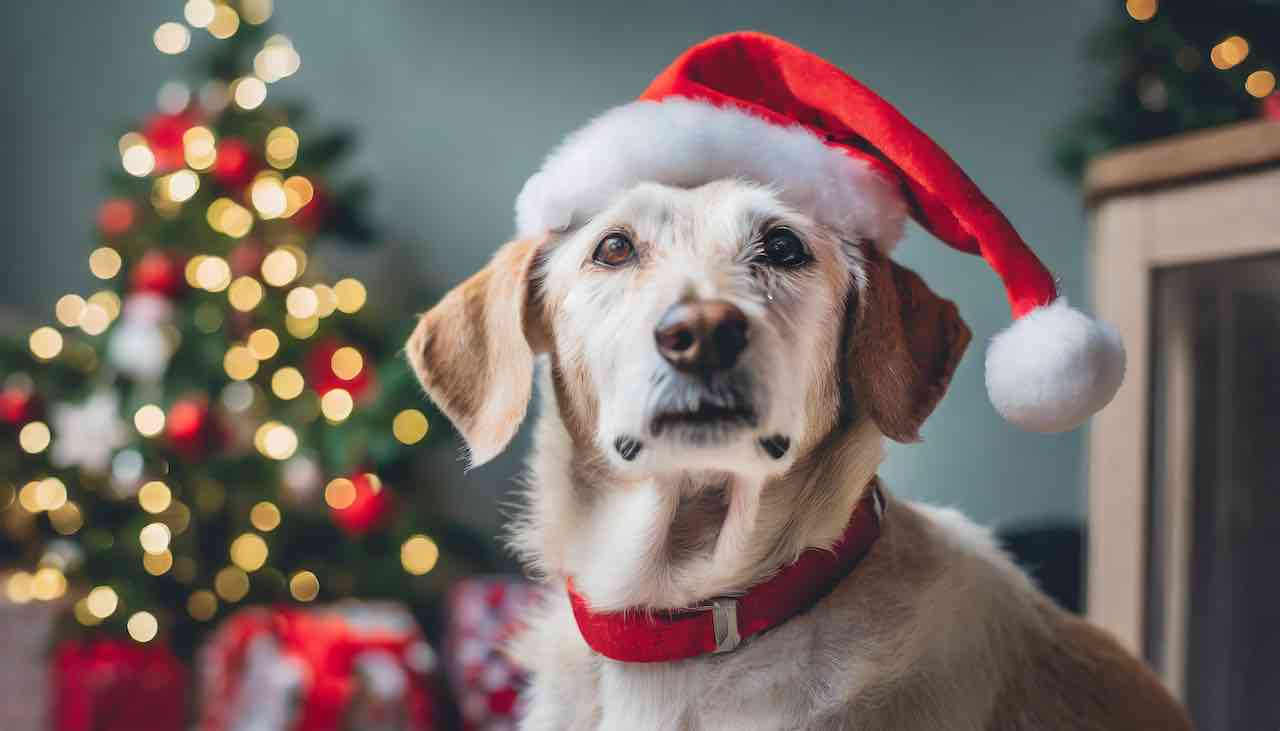 older dog being adopted near christmas tree