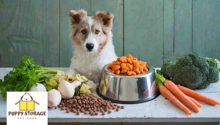 Dog sitting in front of healthy food