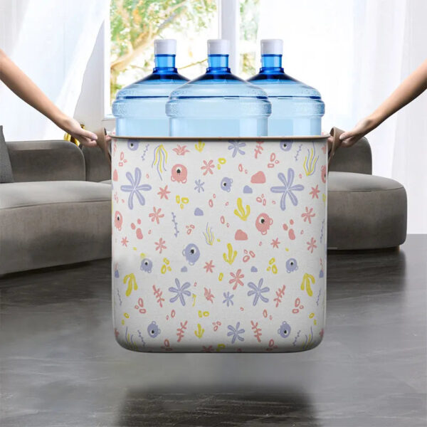 Super colorful fun storage bin large enough to hold three large water jugs - the kind for water coolers