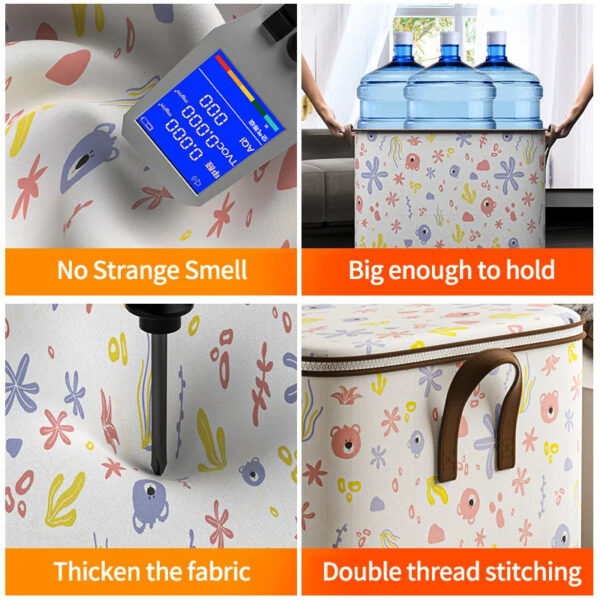 Super colorful fun storage bin - no smells, big enough to hold, thick fabric, and double thread stitching