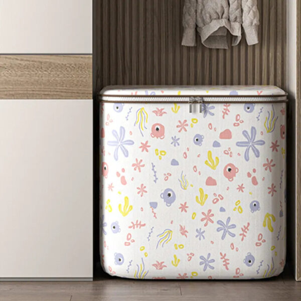 Super colorful fun storage bin fitting in a closet space