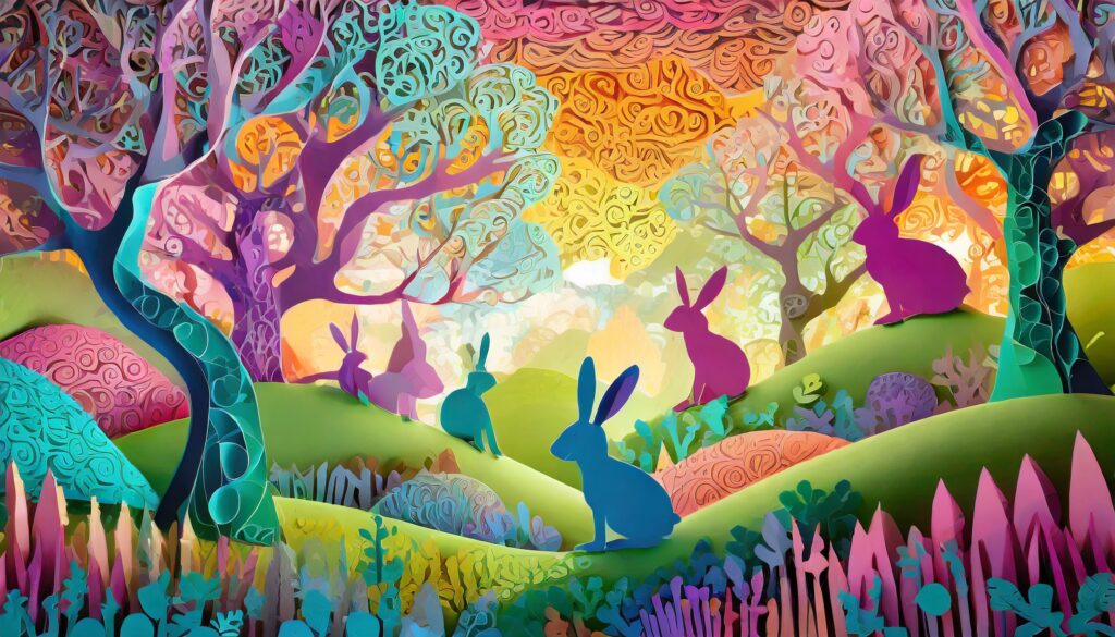 paper mache rabbits and trees