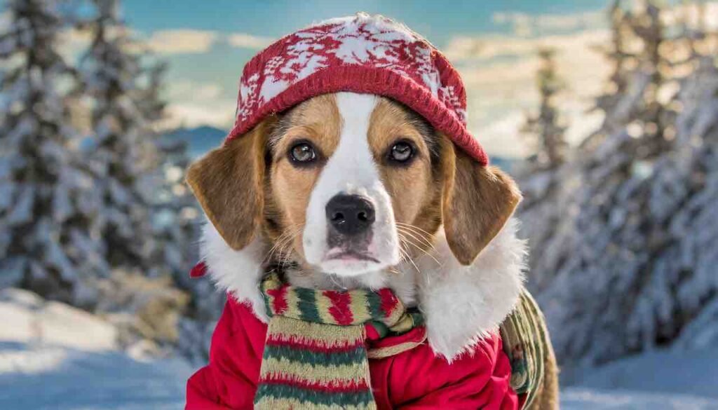 puppy staying warm in winter with super cute coat