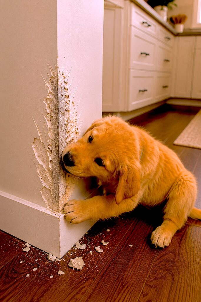 puppy chewing side of wall from kitchen