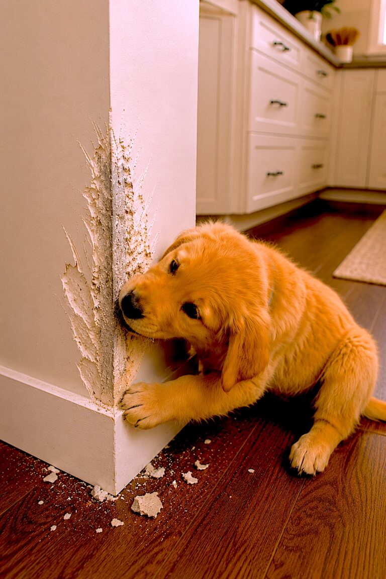 puppy chewing side of wall from kitchen